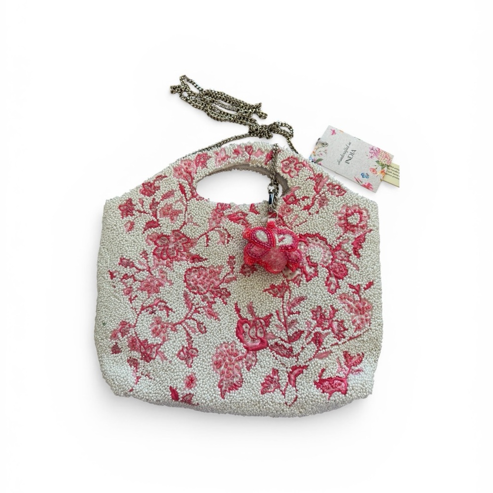 Pink Floral Beaded Tote with Chain Strap